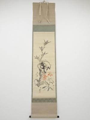 桂月・岸浪柳渓・益田楳岳合作　花竹石図　肉筆絹本掛軸（保護箱）